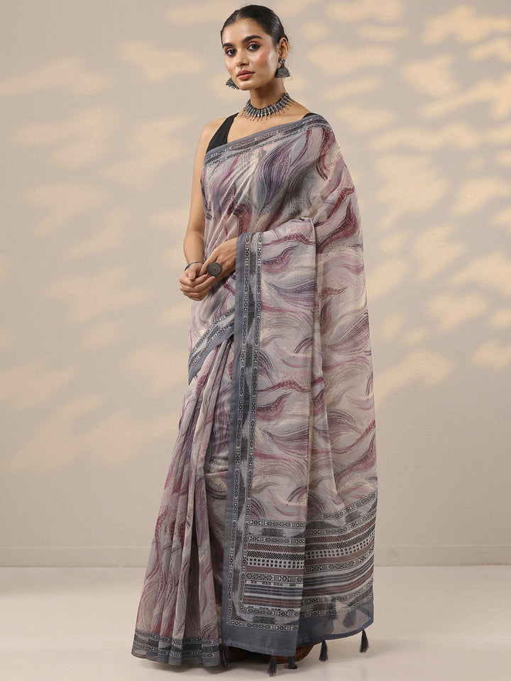 Grey Printed Silk Blend Saree With Unstitched Blouse Piece