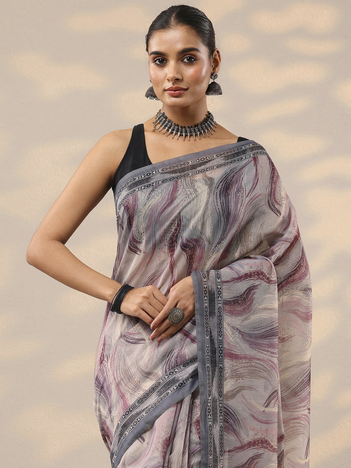 Grey Printed Silk Blend Saree With Unstitched Blouse Piece