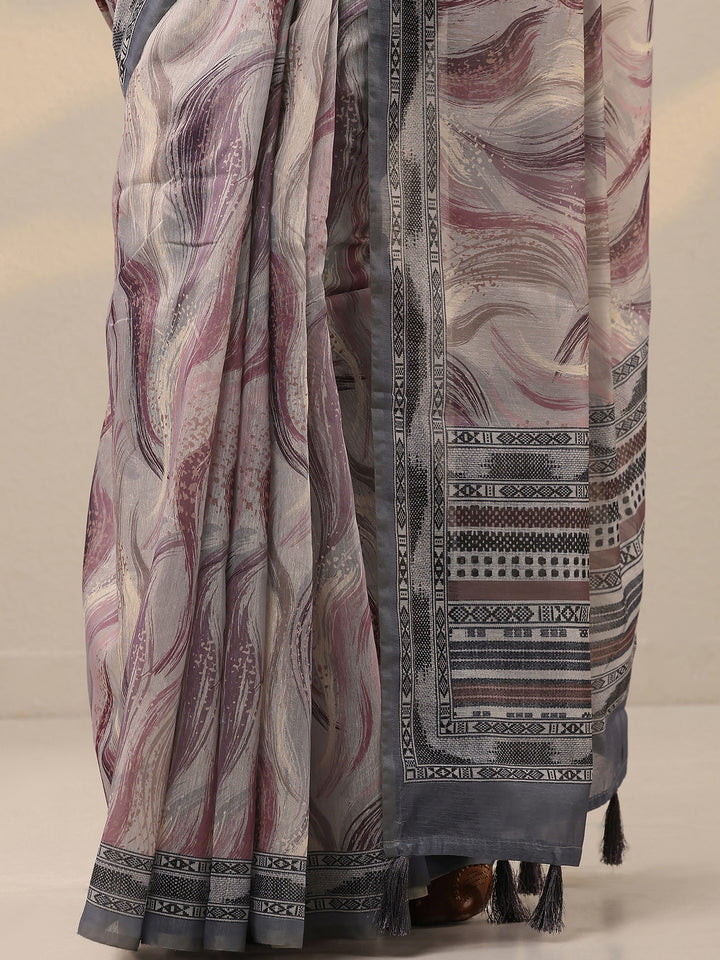 Grey Printed Silk Blend Saree With Unstitched Blouse Piece