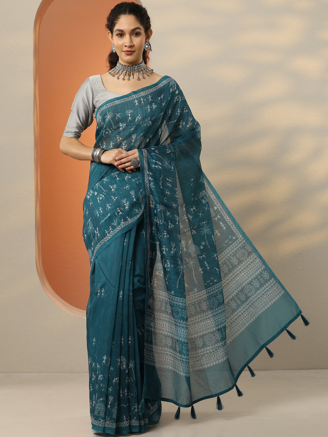Blue Printed Silk Blend Saree With Unstitched Blouse Piece