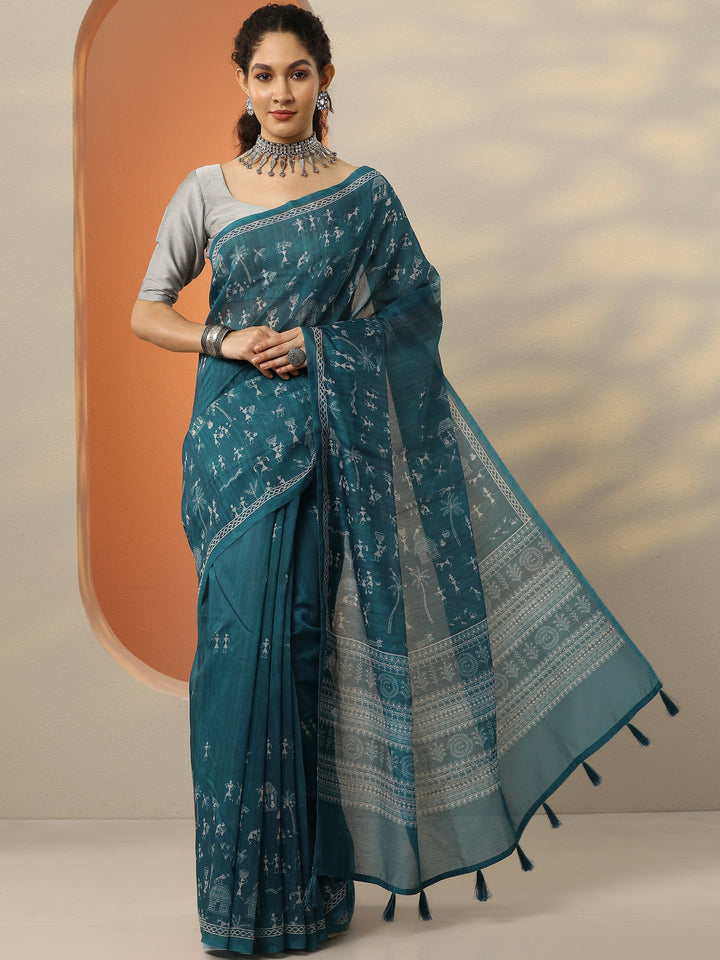 Blue Printed Silk Blend Saree With Unstitched Blouse Piece