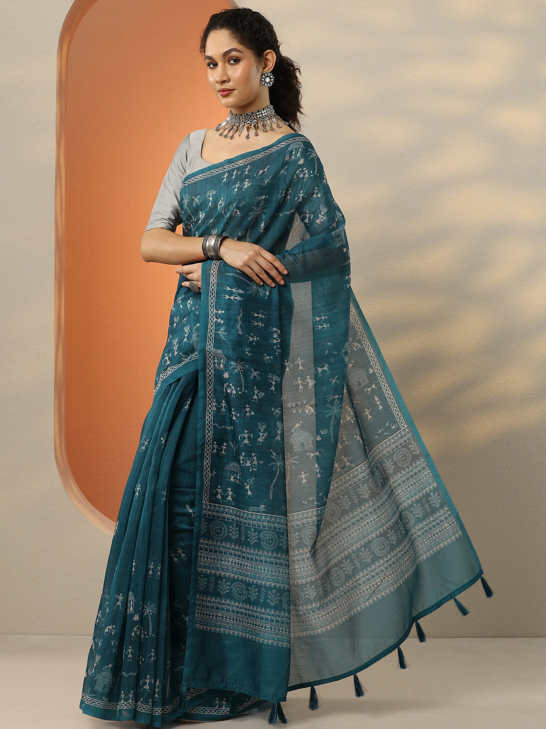 Blue Printed Silk Blend Saree With Unstitched Blouse Piece