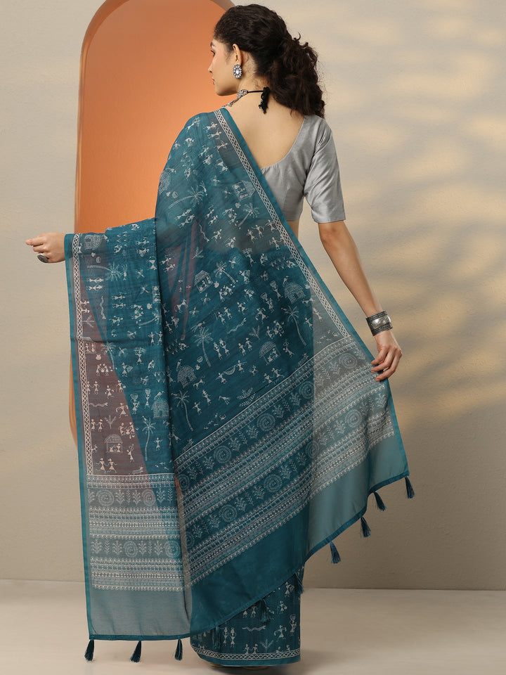 Blue Printed Silk Blend Saree With Unstitched Blouse Piece