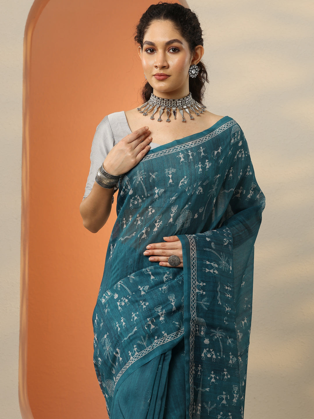 Blue Printed Silk Blend Saree With Unstitched Blouse Piece