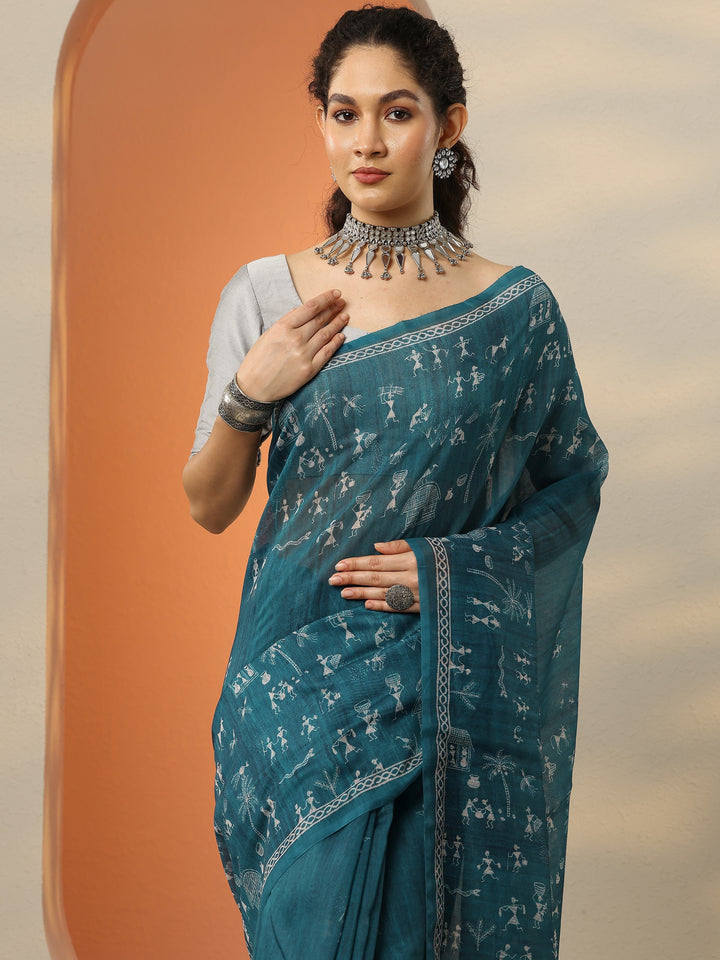 Blue Printed Silk Blend Saree With Unstitched Blouse Piece