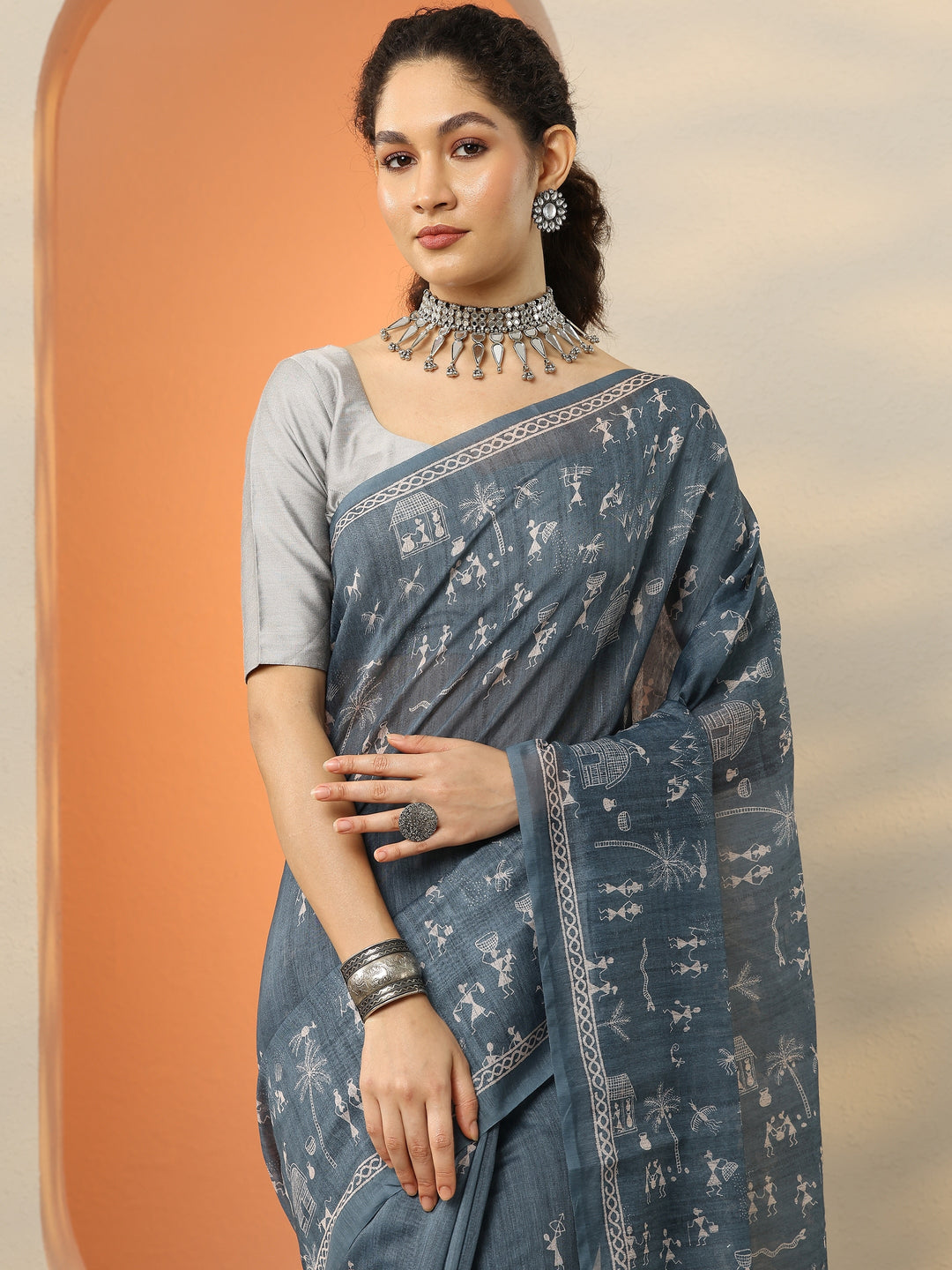 Grey Printed Silk Blend Saree With Unstitched Blouse Piece