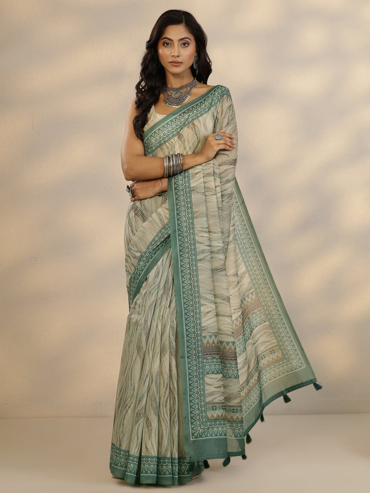Green Printed Silk Blend Saree With Unstitched Blouse Piece