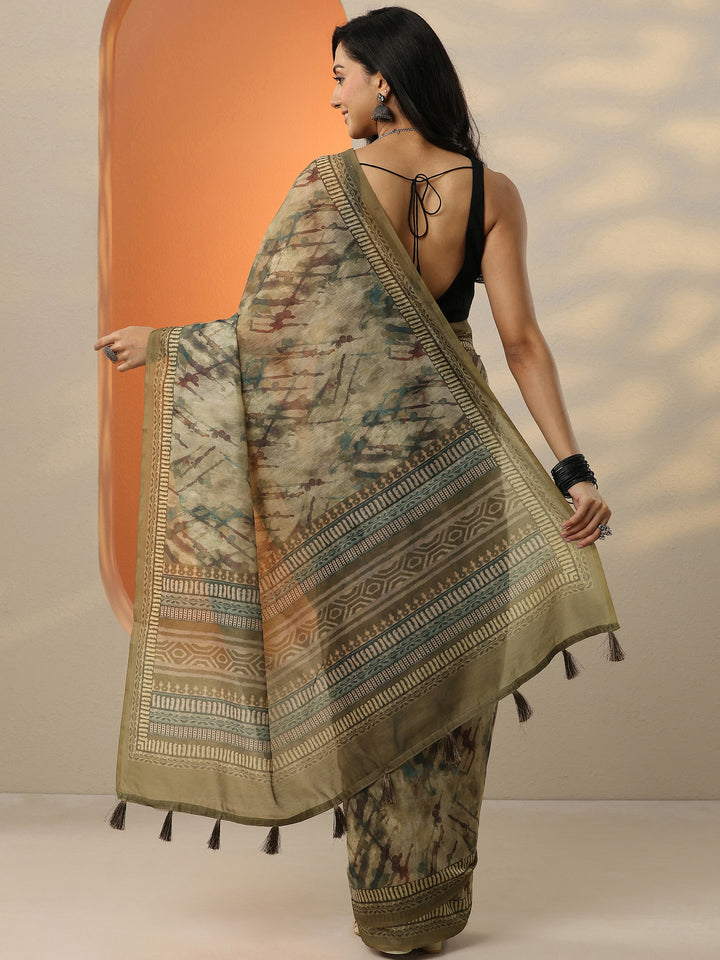 Beige Printed Silk Blend Saree With Unstitched Blouse Piece