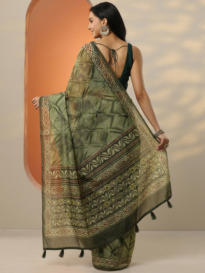 Green Printed Silk Blend Saree With Unstitched Blouse Piece