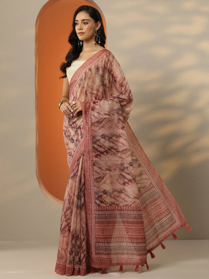Brown Printed Silk Blend Saree With Unstitched Blouse Piece