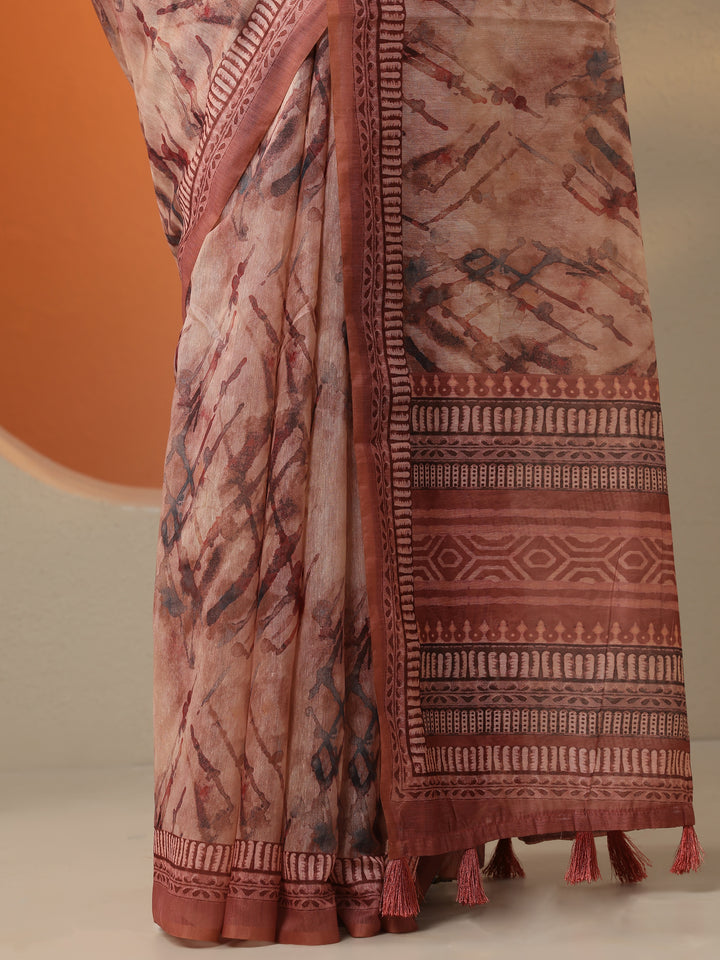 Brown Printed Silk Blend Saree With Unstitched Blouse Piece