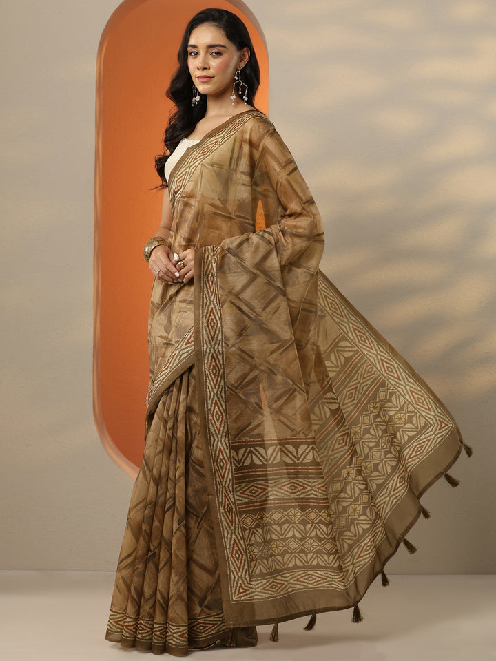 Brown Printed Silk Blend Saree With Unstitched Blouse Piece