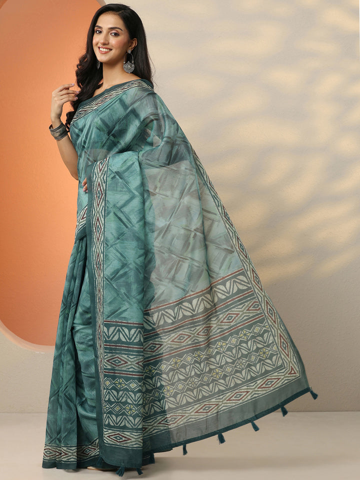 Green Printed Silk Blend Saree With Unstitched Blouse Piece