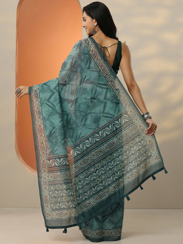 Green Printed Silk Blend Saree With Unstitched Blouse Piece