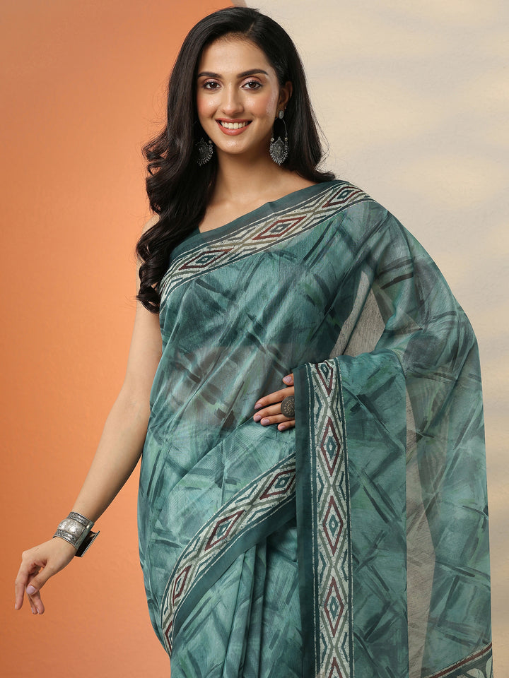 Green Printed Silk Blend Saree With Unstitched Blouse Piece