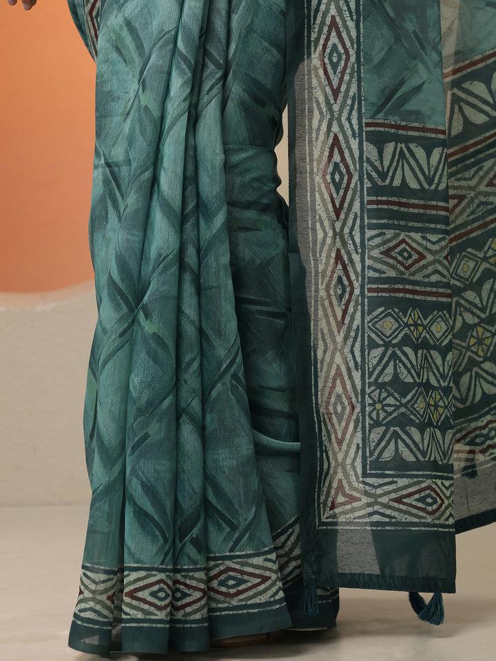 Green Printed Silk Blend Saree With Unstitched Blouse Piece