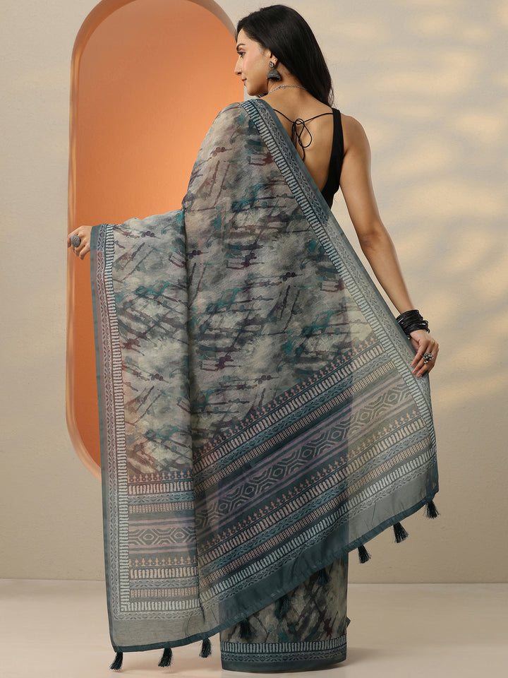 Blue Printed Silk Blend Saree With Unstitched Blouse Piece