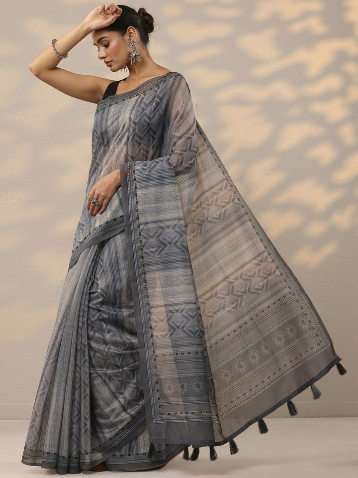 Grey Printed Silk Blend Saree With Unstitched Blouse Piece