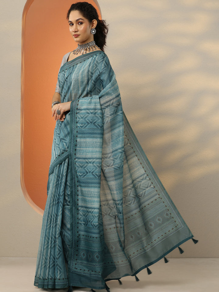 Green Printed Silk Blend Saree With Unstitched Blouse Piece
