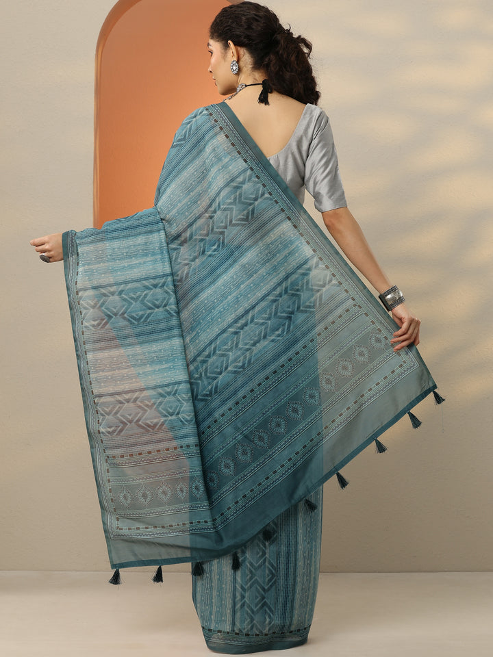 Green Printed Silk Blend Saree With Unstitched Blouse Piece