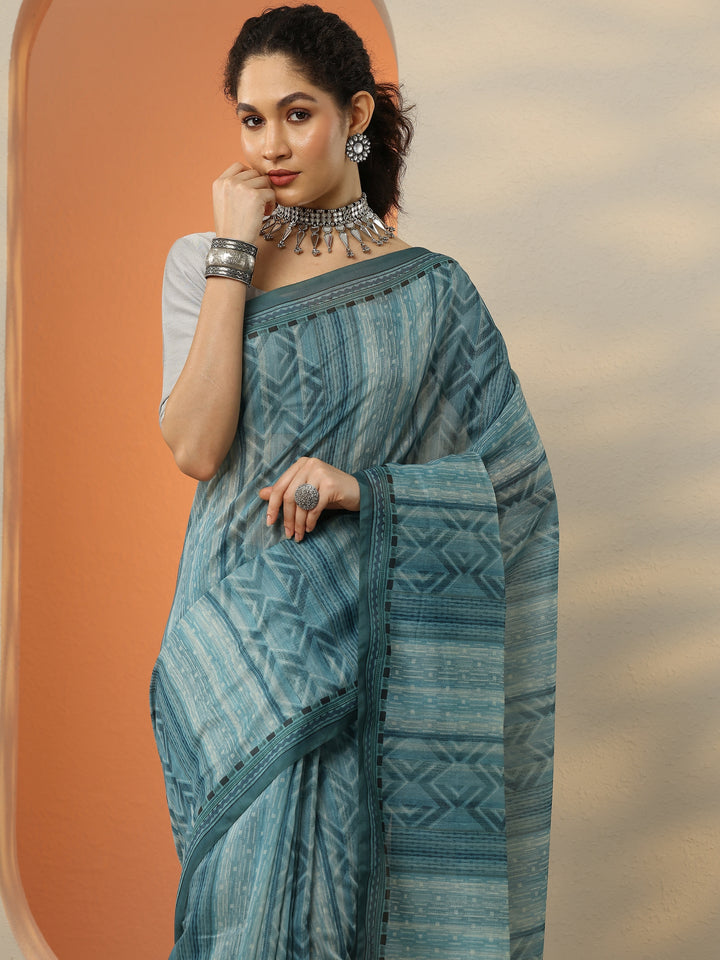 Green Printed Silk Blend Saree With Unstitched Blouse Piece