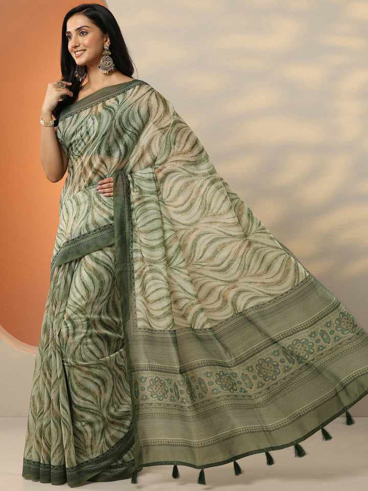 Green Printed Silk Blend Saree With Unstitched Blouse Piece