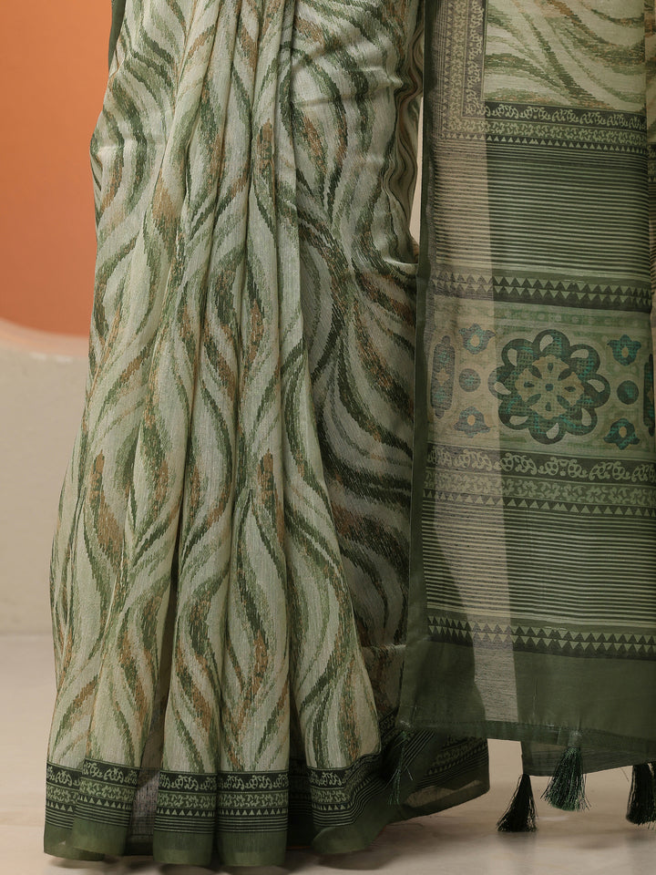 Green Printed Silk Blend Saree With Unstitched Blouse Piece