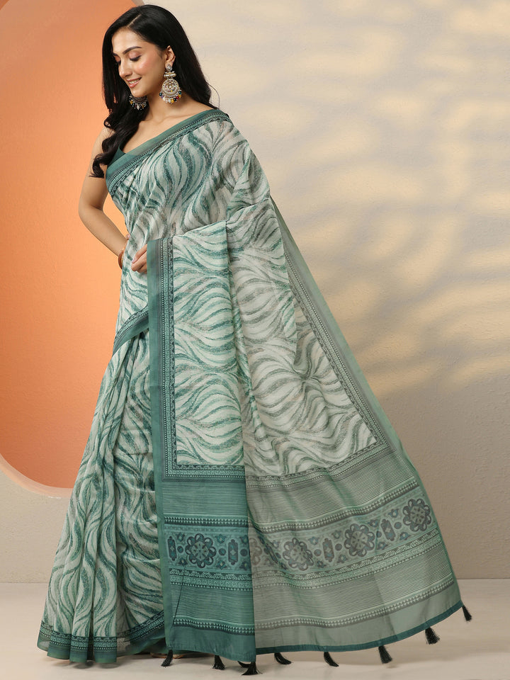 Green Printed Silk Blend Saree With Unstitched Blouse Piece