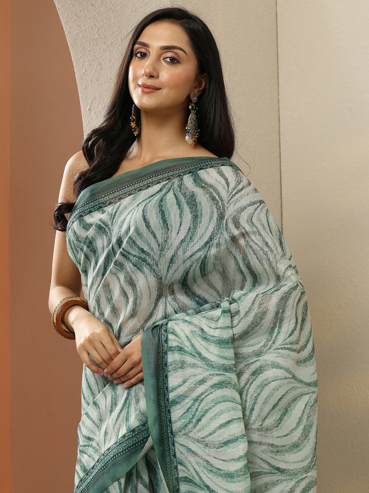 Green Printed Silk Blend Saree With Unstitched Blouse Piece