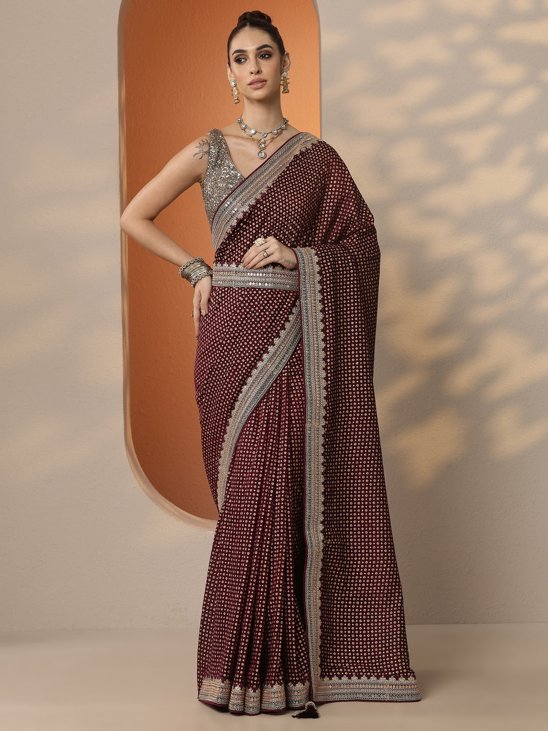 Burgundy Printed Silk Blend Saree With Unstitched Blouse Piece