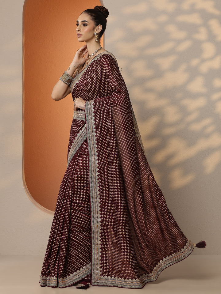 Burgundy Printed Silk Blend Saree With Unstitched Blouse Piece