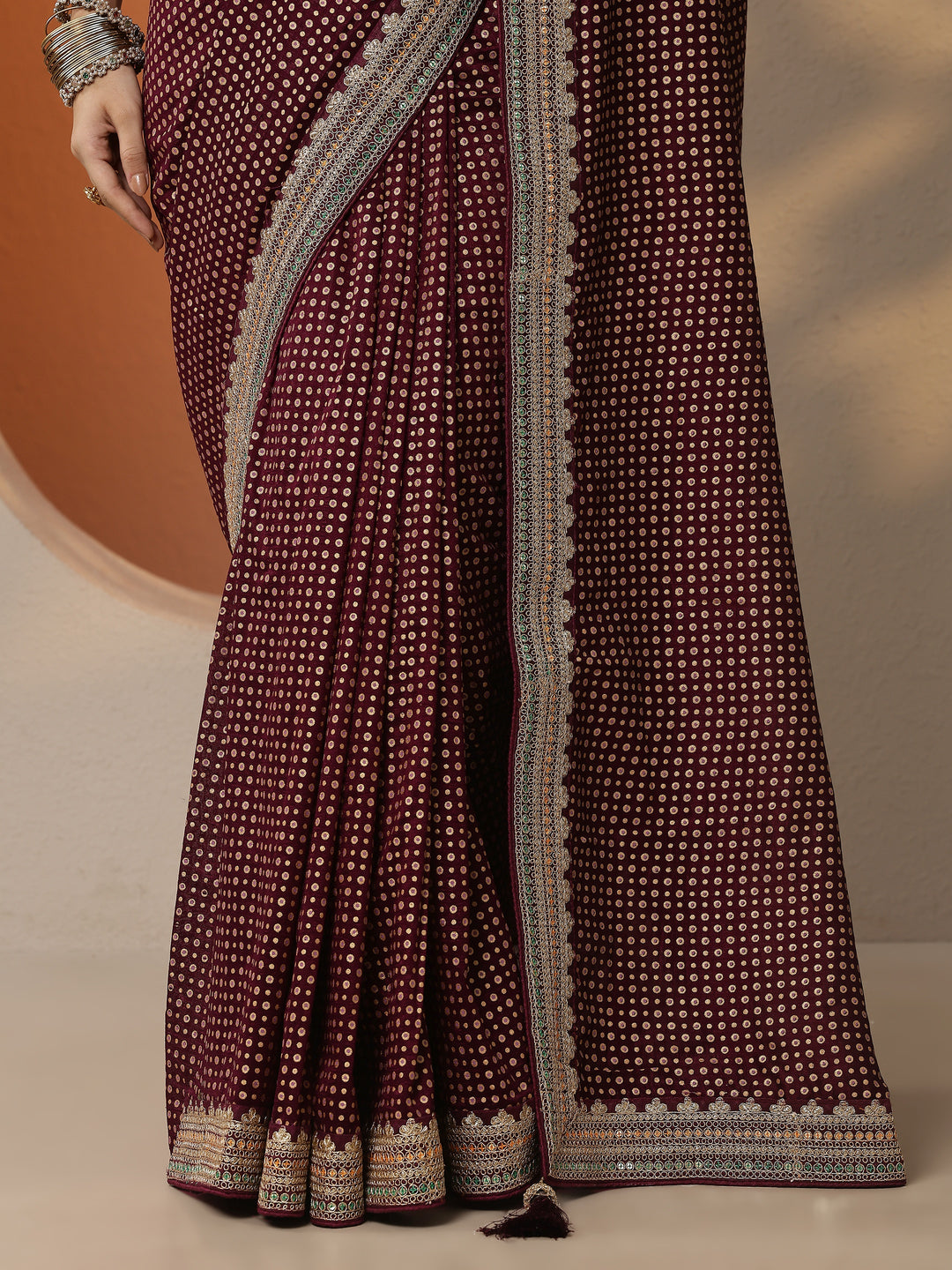 Burgundy Printed Silk Blend Saree With Unstitched Blouse Piece