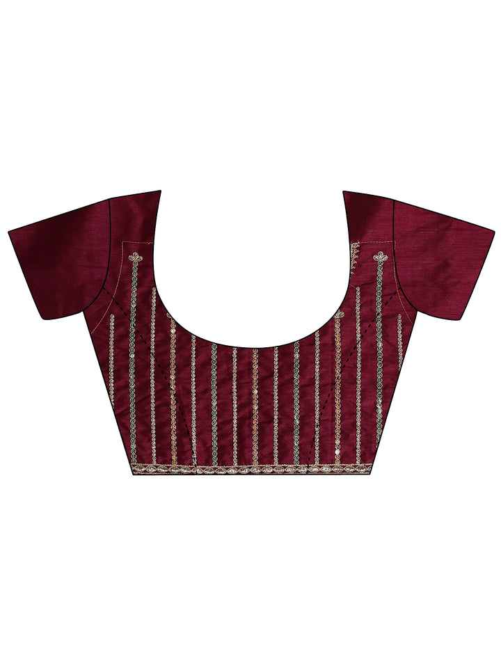 Burgundy Printed Silk Blend Saree With Unstitched Blouse Piece