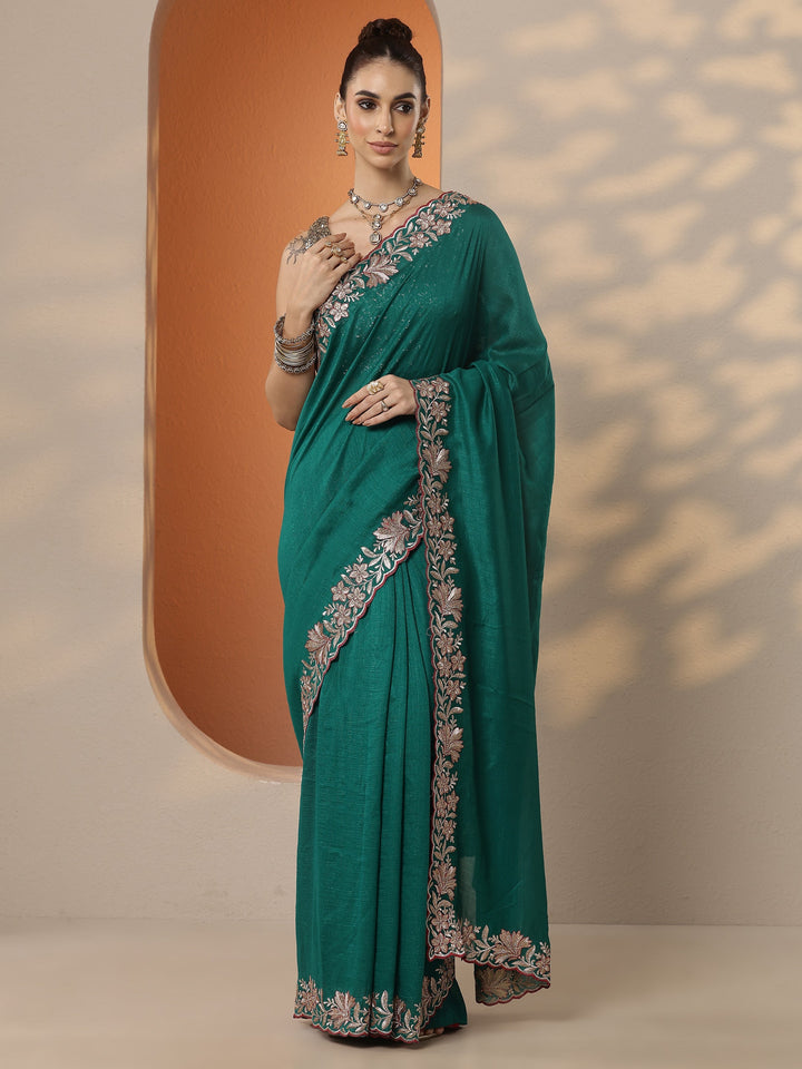 Green Solid Silk Blend Saree With Unstitched Blouse Piece