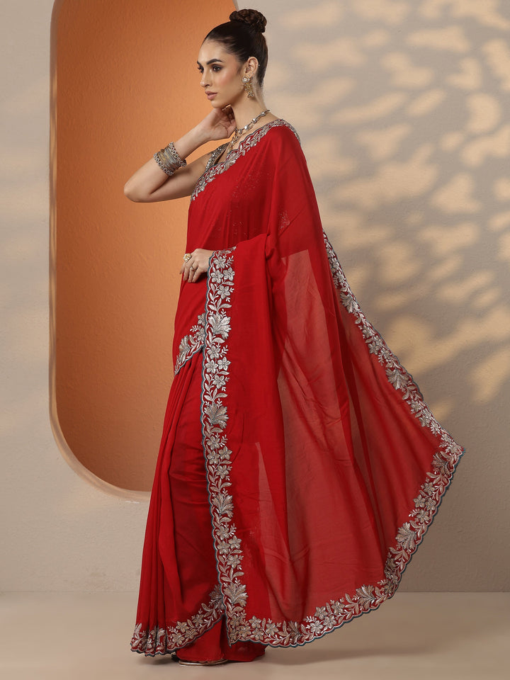 Red Solid Silk Blend Saree With Unstitched Blouse Piece