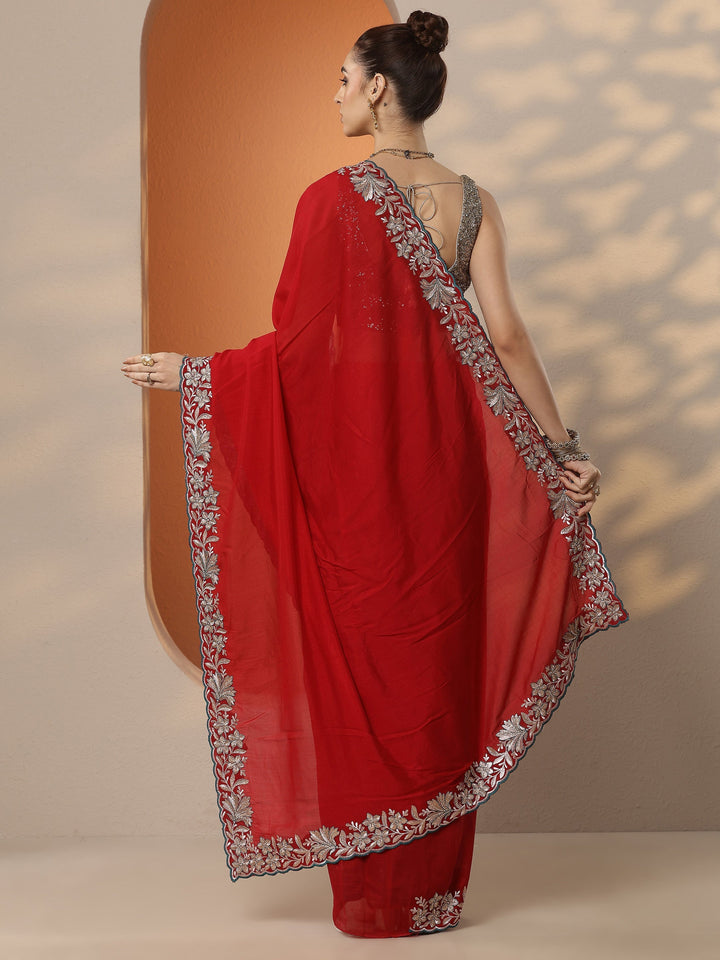 Red Solid Silk Blend Saree With Unstitched Blouse Piece