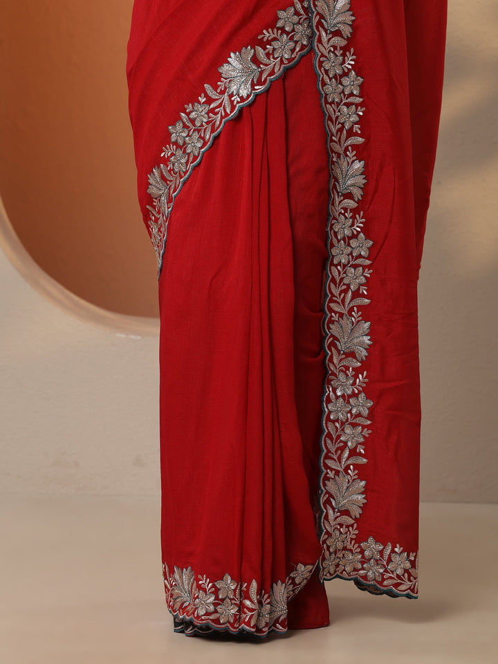 Red Solid Silk Blend Saree With Unstitched Blouse Piece