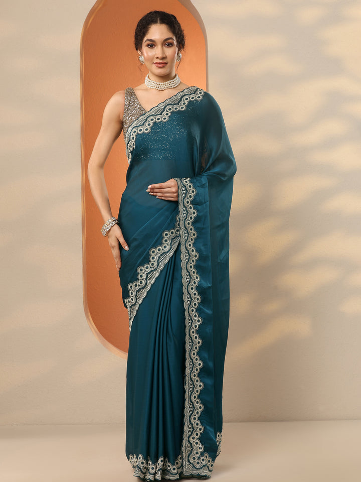 Blue Solid Chiffon Saree With Unstitched Blouse Piece