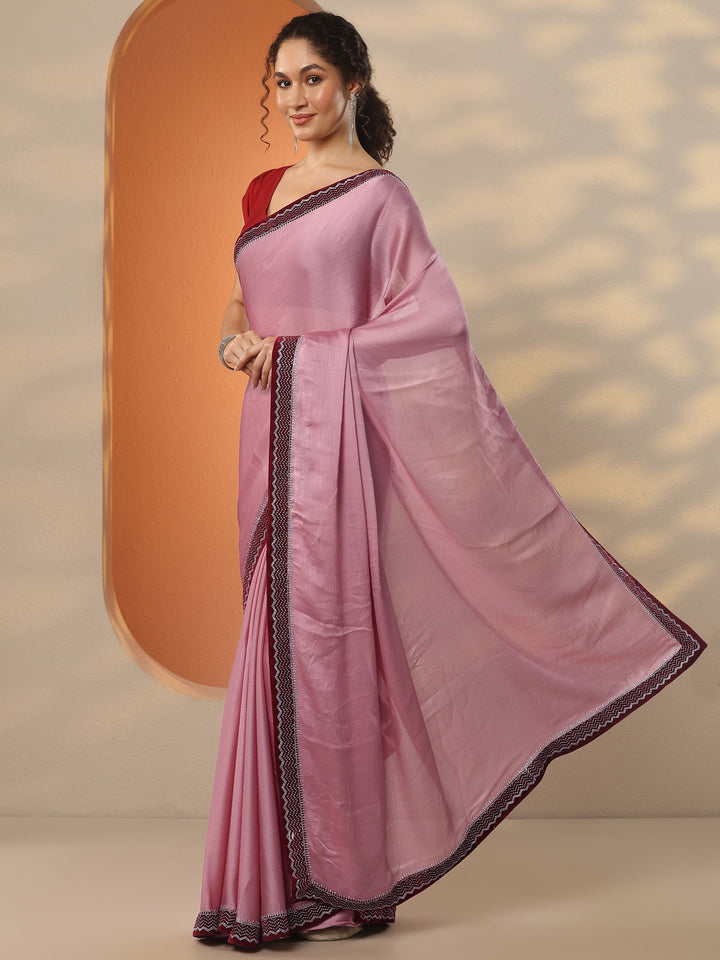 Pink Solid Chiffon Saree With Unstitched Blouse Piece