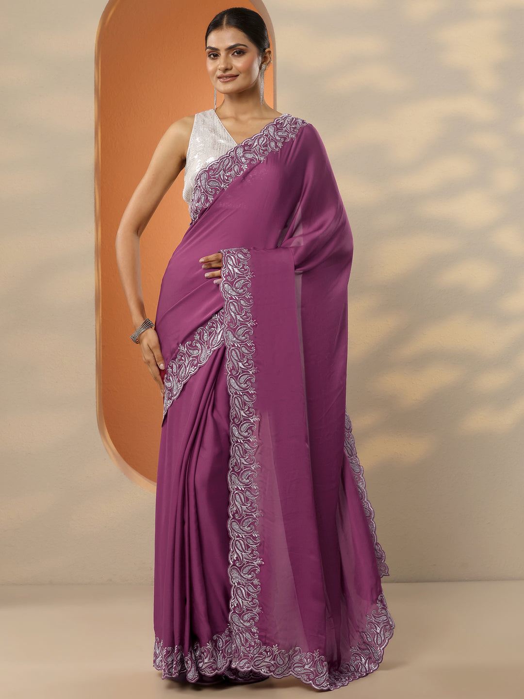 Mauve Solid Satin Saree With Unstitched Blouse Piece