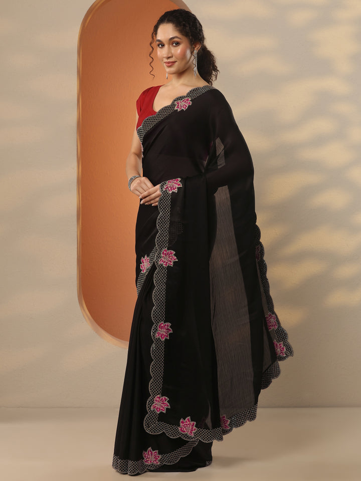 Black Solid Chiffon Saree With Unstitched Blouse Piece