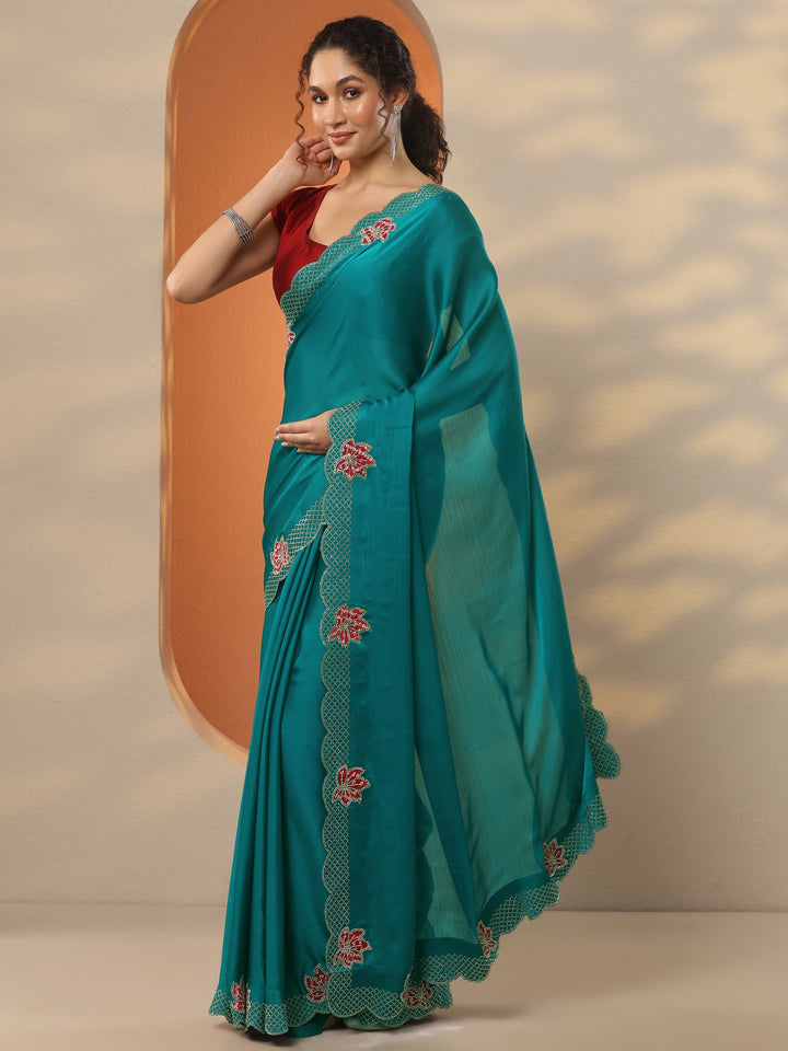 Green Solid Chiffon Saree With Unstitched Blouse Piece
