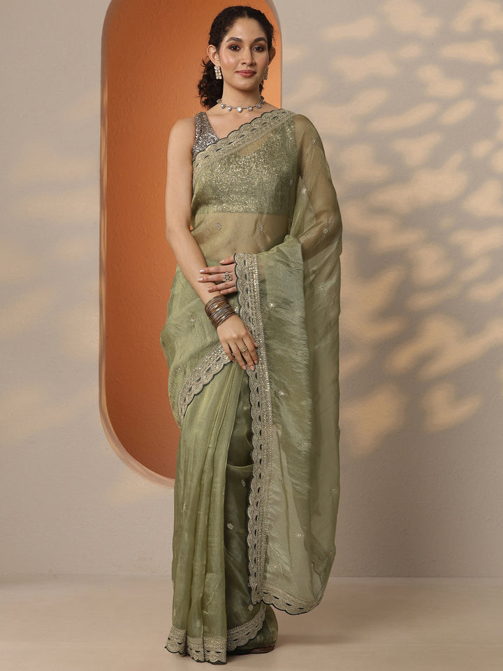 Green Embroidered Organza Saree With Unstitched Blouse Piece
