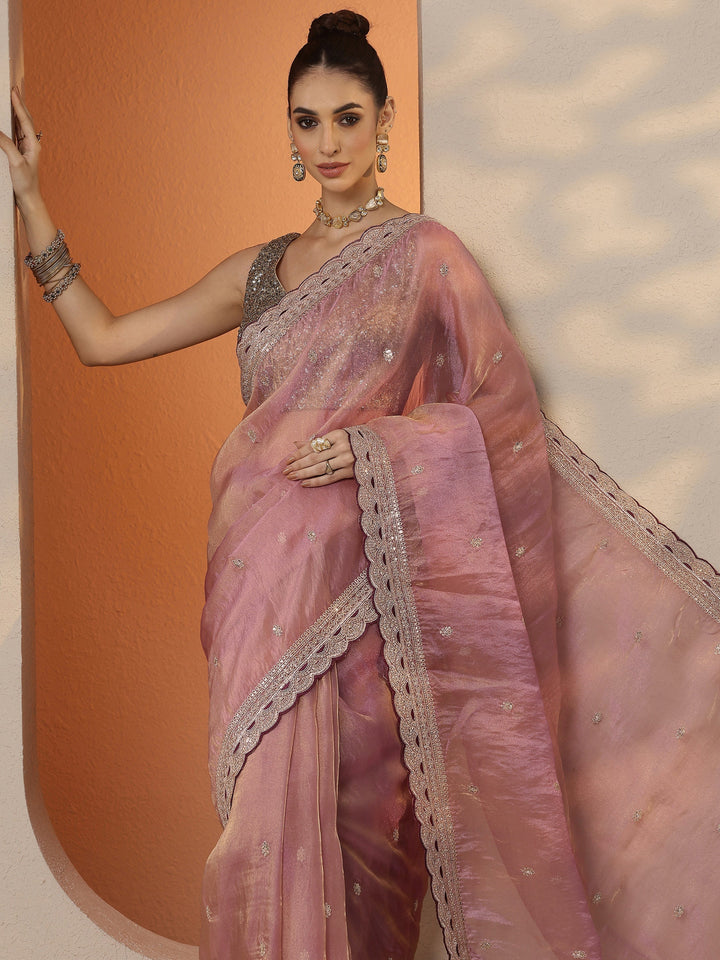 Pink Embroidered Organza Saree With Unstitched Blouse Piece