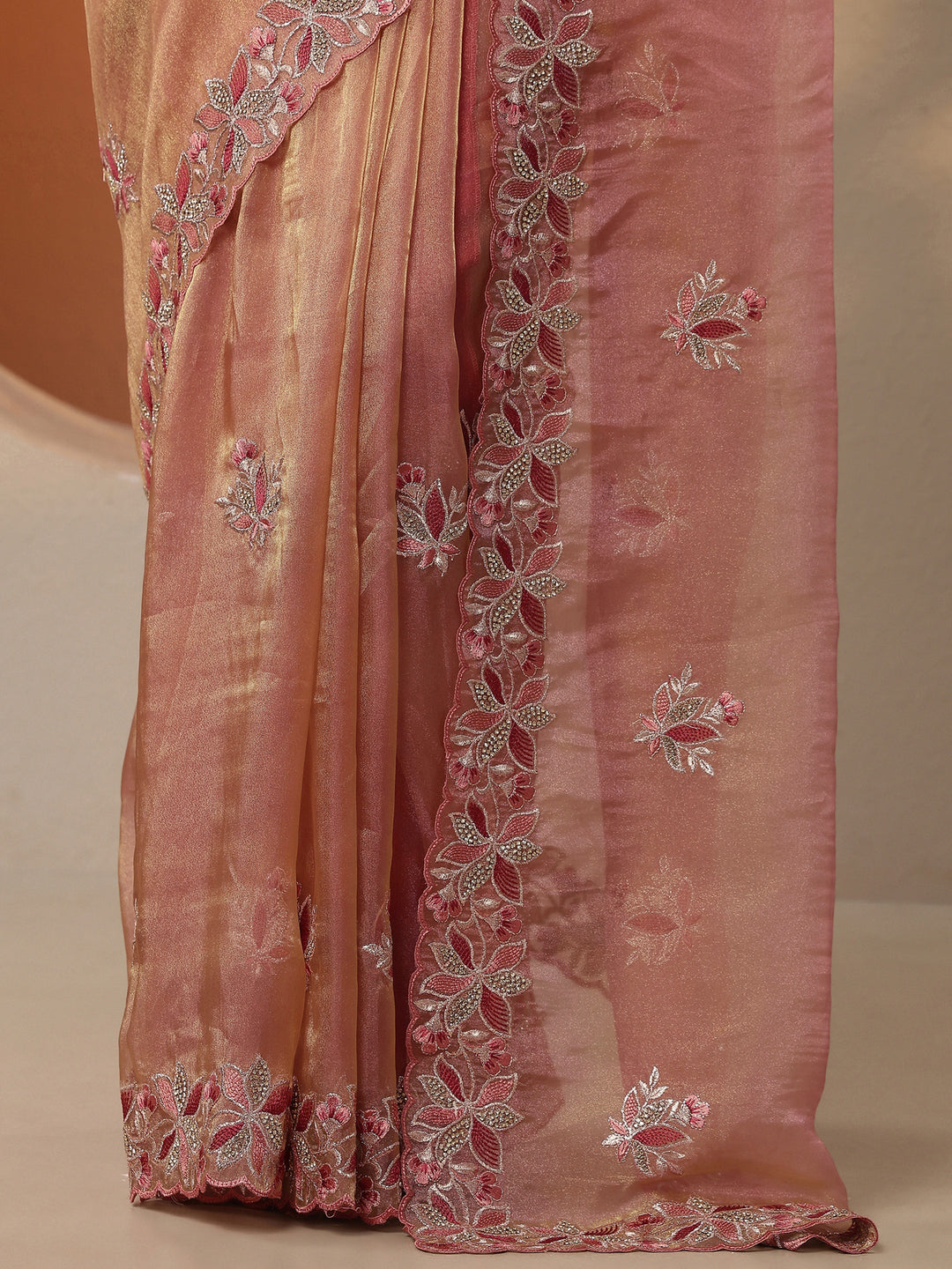 Coral Embroidered Organza Saree With Unstitched Blouse Piece