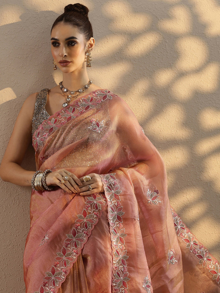 Coral Embroidered Organza Saree With Unstitched Blouse Piece