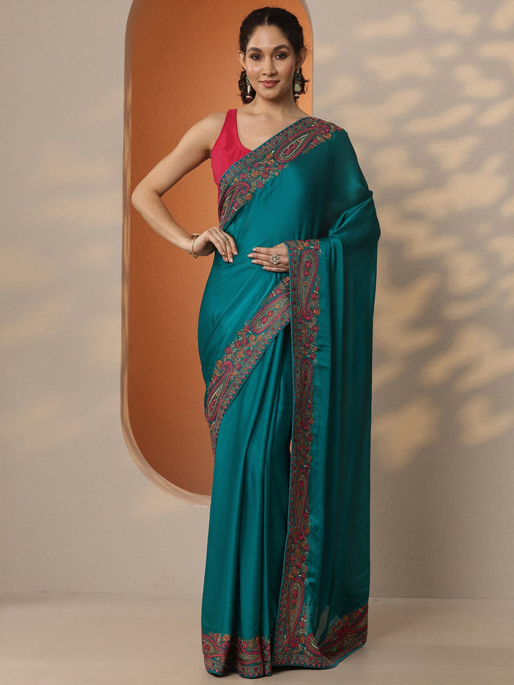 Green Solid Chiffon Saree With Unstitched Blouse Piece