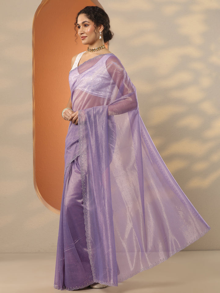 Lavender Embellished Nylon Saree With Unstitched Blouse Piece