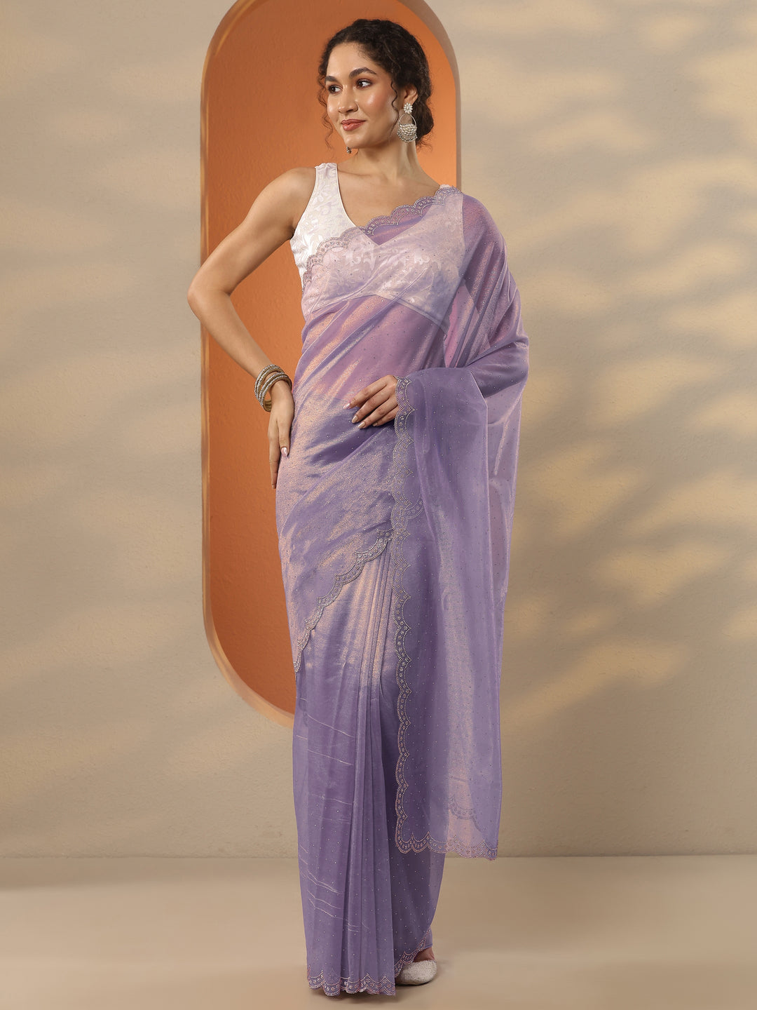 Lavender Embellished Nylon Saree With Unstitched Blouse Piece