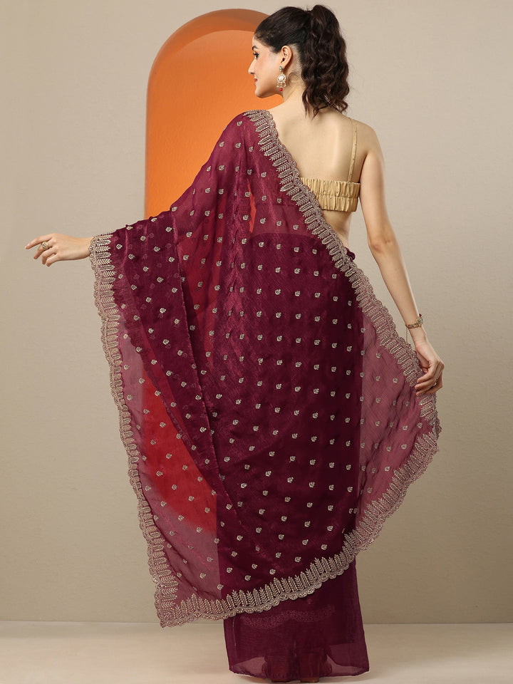 Maroon Embroidered Organza Saree With Unstitched Blouse Piece